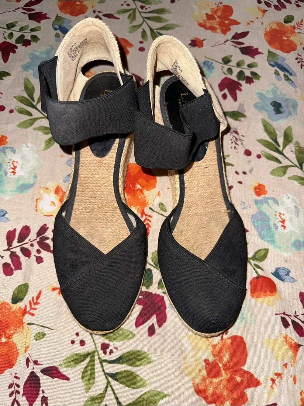 Lauren Ralph Lauren Black Espadrille Wedge Sandals with Ankle Wrap